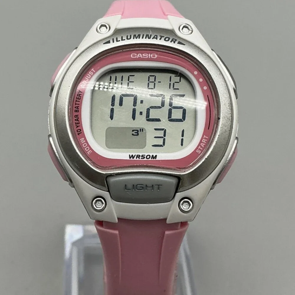 Casio LW-203 Womens Watch 34mm White Digital Dial Pink Resin Illuminator WR50M
